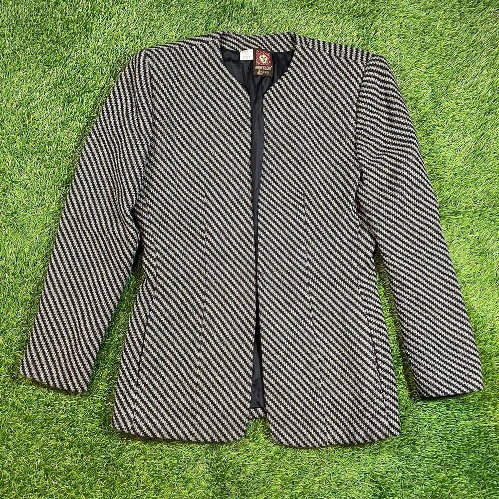 Vintage Anne Klein black white 100% wool houndstooth blazer single button (6)